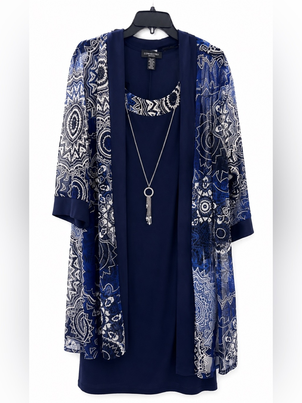 R&M Richards navy sleeveless shift dress floral mesh jacket necklace - NWT 18 W
